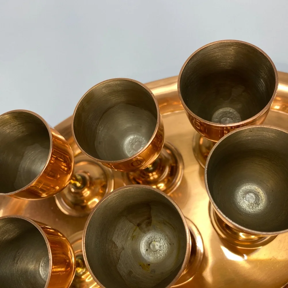 VTG Mexico Brass Copper Plate 6 Tequila Stem Cups & Oval Tray w Handles 11 x 7